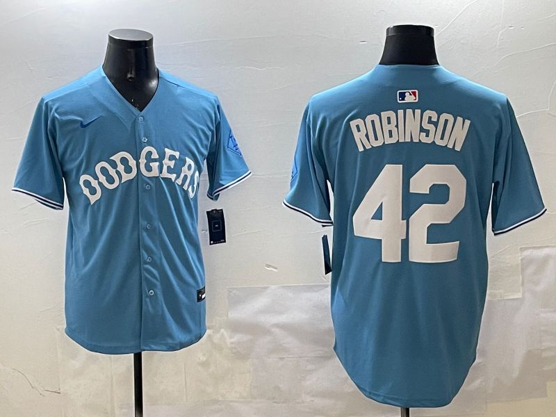 Men Los Angeles Dodgers #42 Robinson Light Blue Joint Name 2025 Nike MLB Jersey style 13